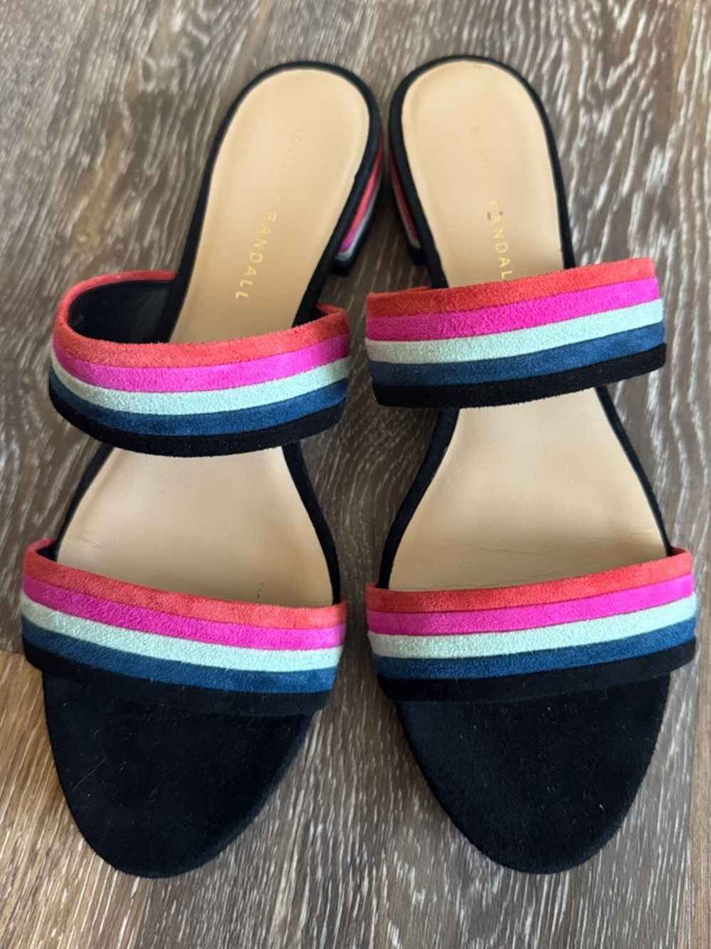 Loeffler Randall Black Suede Sandals with Pink, Blue & Cream Stripes